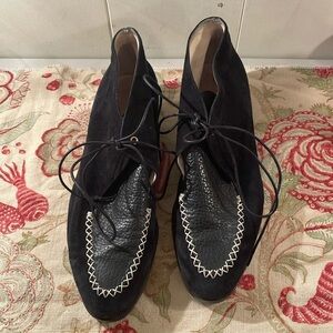 Escada Black Pebble Leather and Suede Lace Up Cream Stitched Toe Ankle Boot